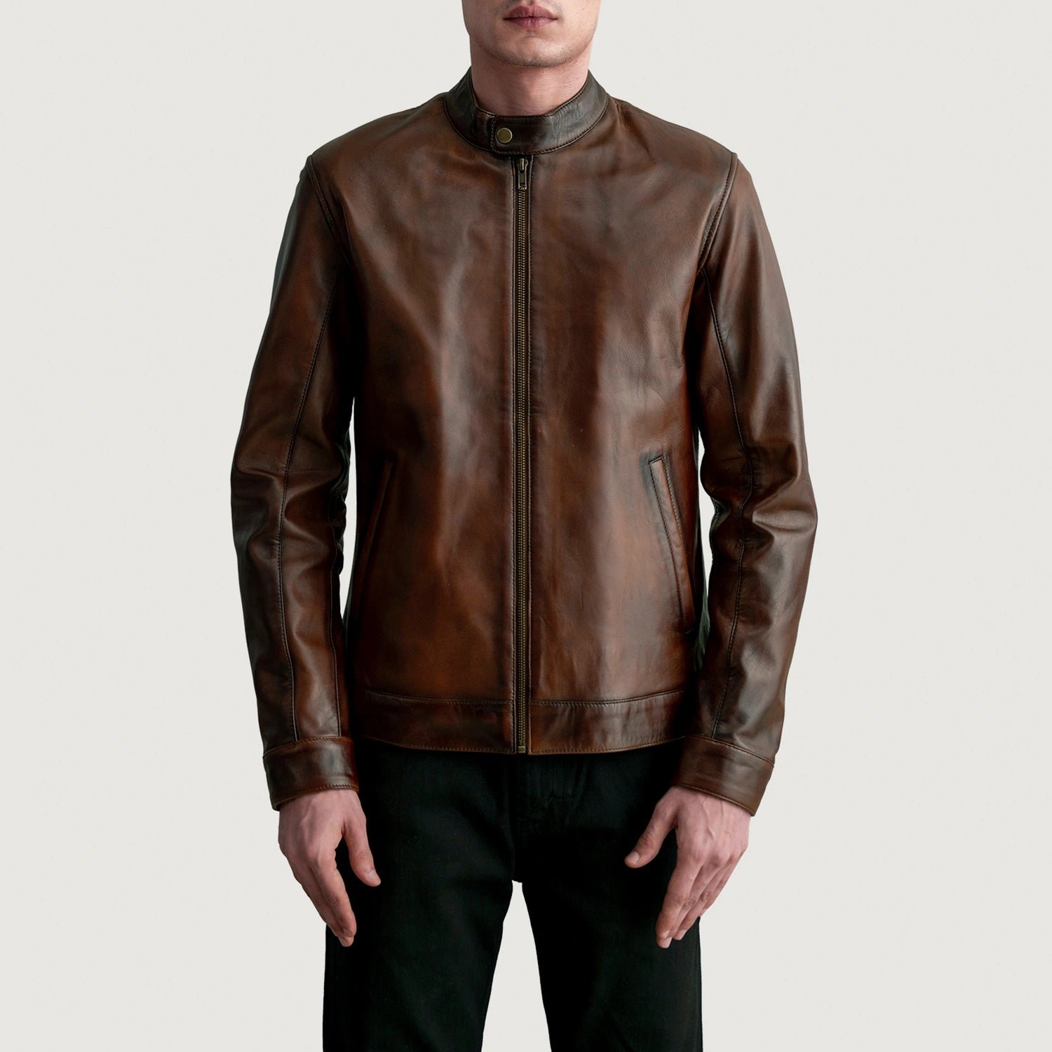 Men's Zen Distressed Brown Leather Biker Jacket, Vintage Moto Style - Image 3