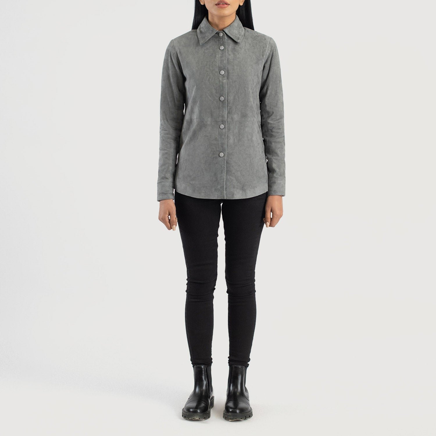 Women's Zenith Grey Suede Shirt Jacket, Stylish Button-Up Leather Overshirt, Modern Casual Shacket, Elegant Everyday Outerwear - Image 5