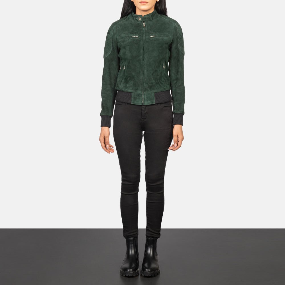 Zenna Green Suede Bomber Jacket for Women, Classic Casual Bomber Coat, Stylish Zip-Up Outerwear, Modern Everyday Streetwear - Image 2
