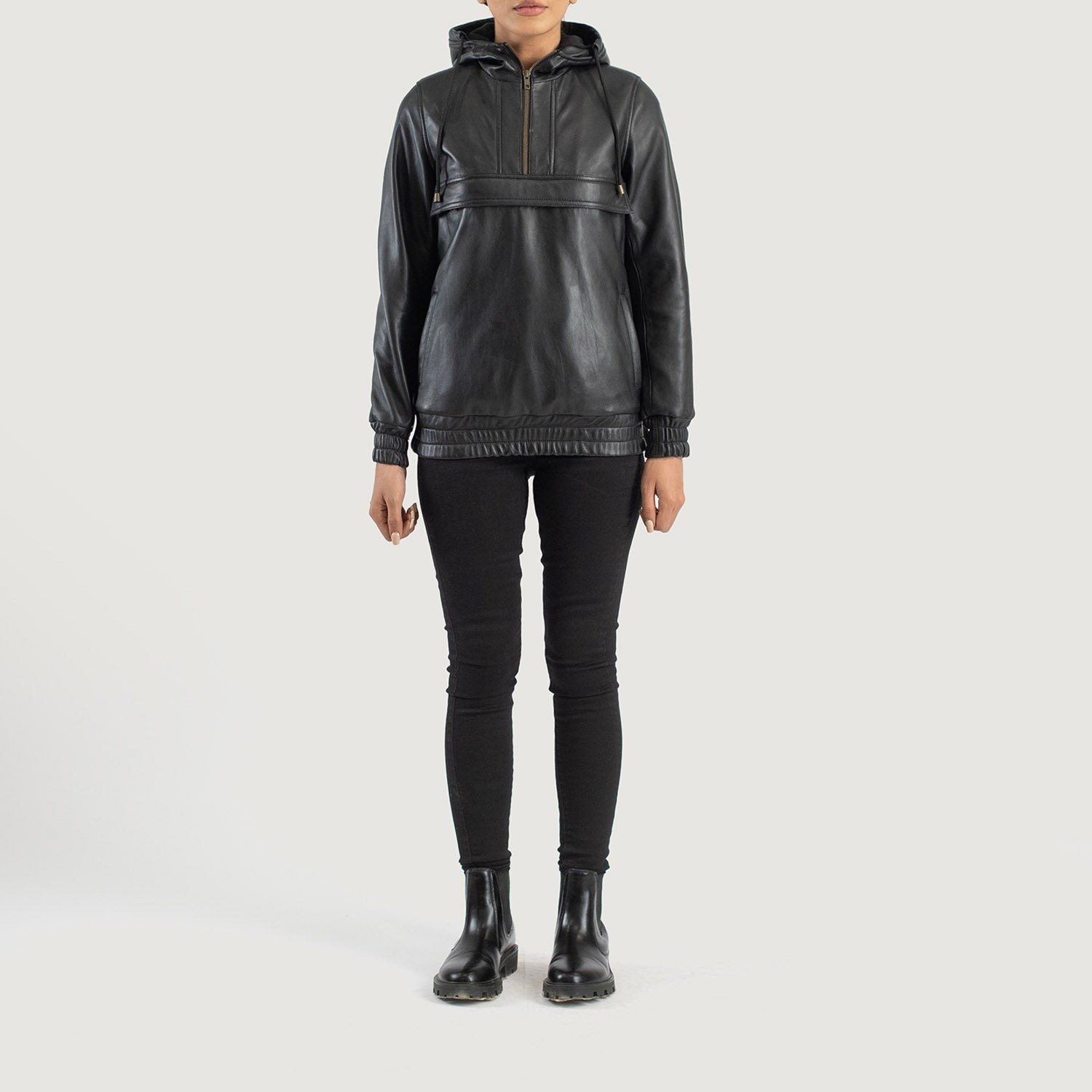 Zest Black Hooded Leather Pullover Jacket, Modern Casual Moto Outerwear, Stylish Hooded Jacket - Image 4