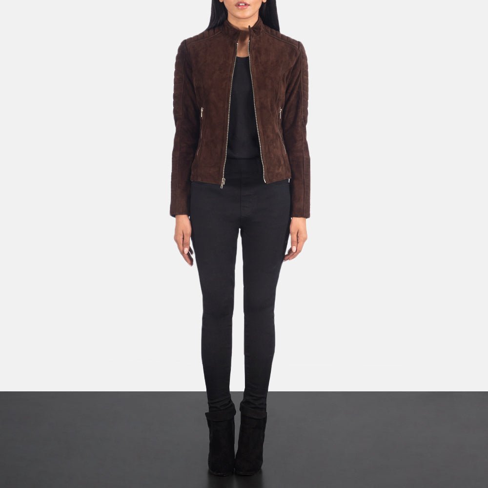 Adalyn Quilted Mocha Suede Biker Jacket for Women, Stylish Motorcycle Moto Coat, Diamond Quilted Suede Outerwear, Modern Casual Jacket - Image 4