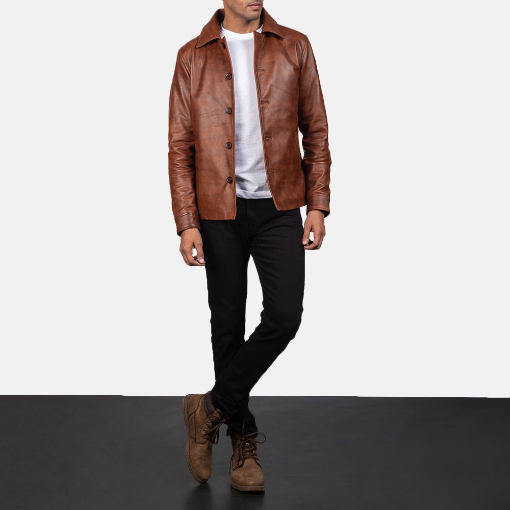 Men's Waffle Brown Leather Jacket, Stylish Textured Casual Outerwear - Image 3