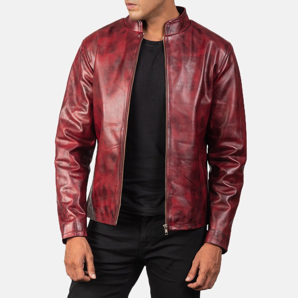 Men's Alex Distressed Burgundy Leather Jacket, Vintage Casual Outerwear - Image 5