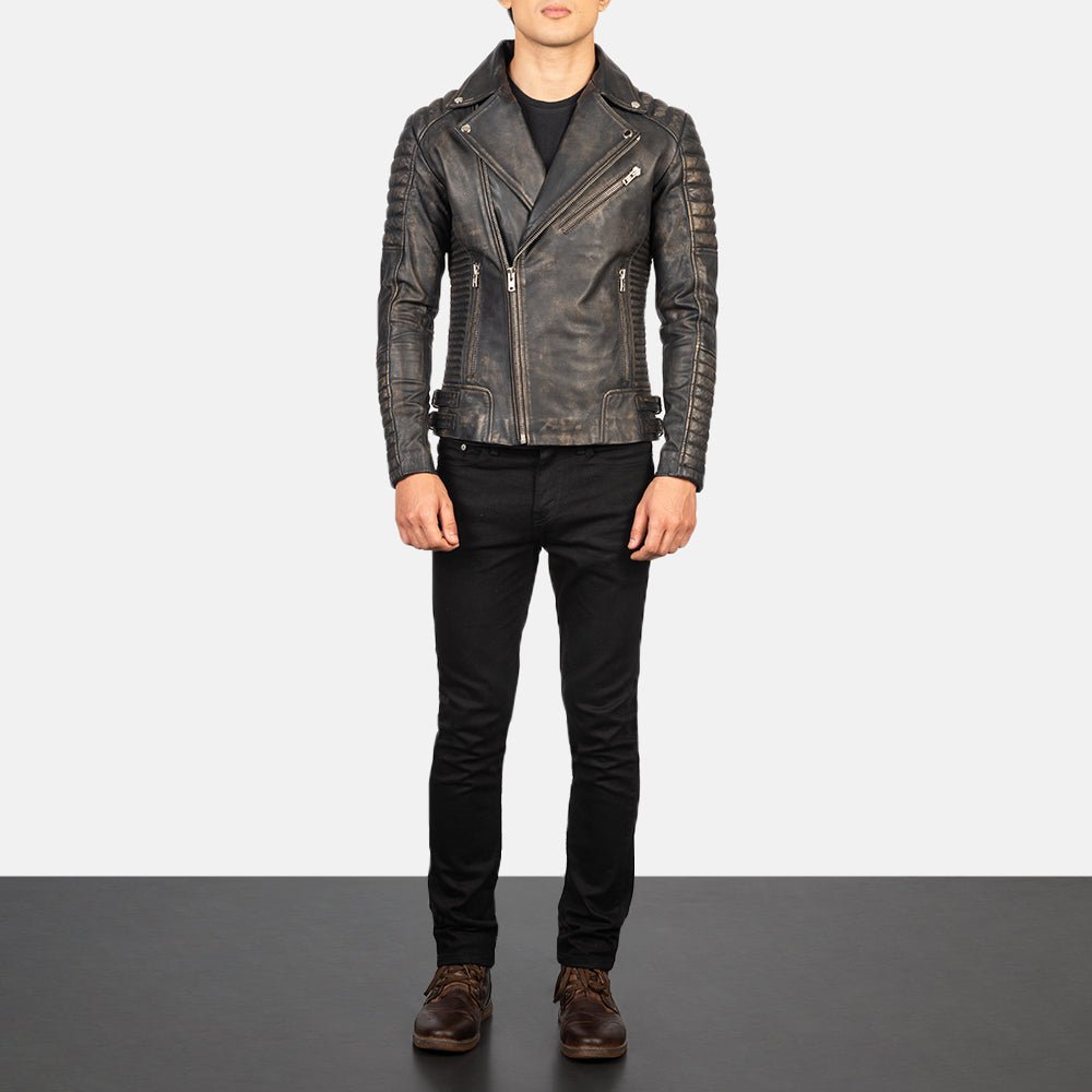 Men's Armand Distressed Brown Leather Biker Jacket, Vintage Moto Style - Image 4