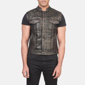 Atlas Moto Distressed Brown Leather Vest for Men, Vintage Motorcycle Biker Vest, Sleeveless Leather Waistcoat, Rugged Moto Outerwear