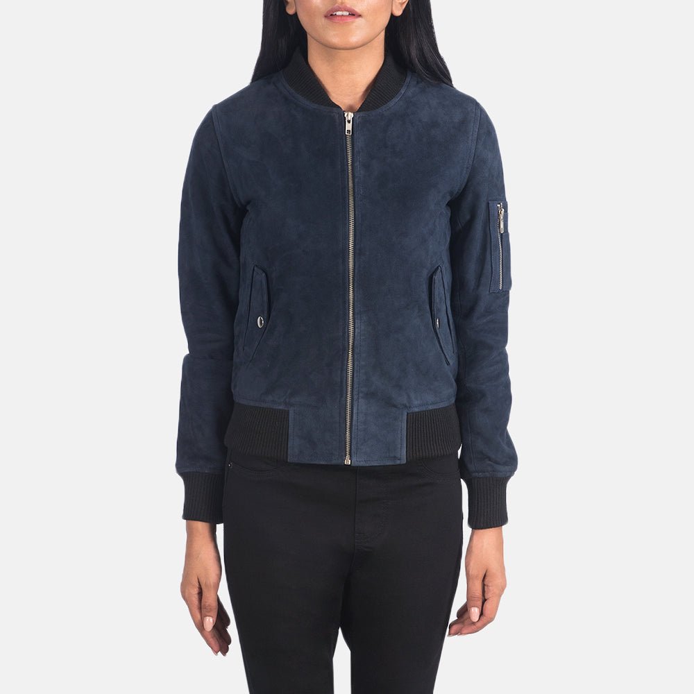 Ava MA-1 Blue Suede Bomber Jacket for Women, Classic Flight Jacket, Stylish Zip-Up Outerwear, Modern Casual Streetwear Coat - Image 2