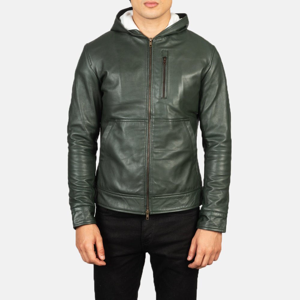 Baston Green Hooded Leather Bomber Jacket for Men, Classic Aviator Flight Jacket, Casual Streetwear Coat - Image 4