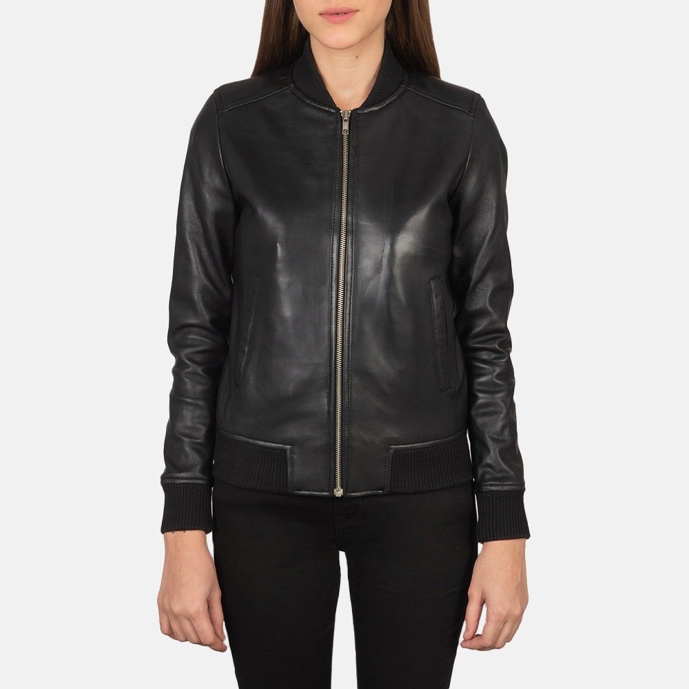 Women's Bliss Black Leather Bomber Jacket, Classic Zip-Up Bomber Coat, Stylish Casual Moto Jacket, Modern Streetwear Outerwear - Image 3