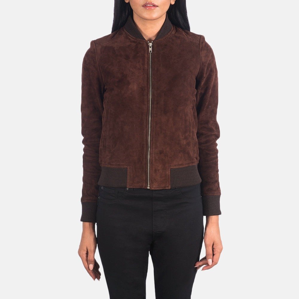 Bliss Brown Suede Bomber Jacket for Women, Classic Zip-Up Suede Coat, Stylish Casual Outerwear, Timeless Modern Streetwear - Image 2
