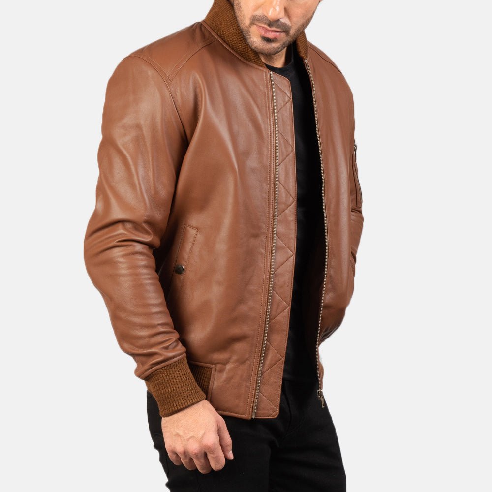 Bomia MA-1 Brown Leather Bomber Jacket for Men, Classic Aviator Flight Jacket, Vintage Casual Outerwear - Image 3