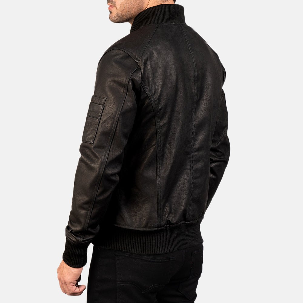 Bomia MA-1 Distressed Black Leather Bomber Jacket for Men, Vintage Aviator Flight Jacket, Rugged Military Style Outerwear - Image 4