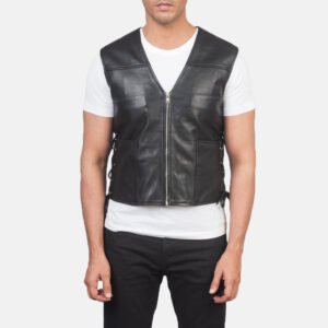 Brandon Black Leather Vest for Men, Classic Motorcycle Biker Vest, Sleeveless Leather Waistcoat, Rugged Moto Outerwear