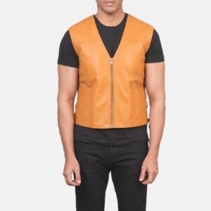 Brandon Tan Brown Leather Vest for Men, Classic Biker Motorcycle Vest, Sleeveless Leather Waistcoat, Rugged Vintage Moto Outerwear