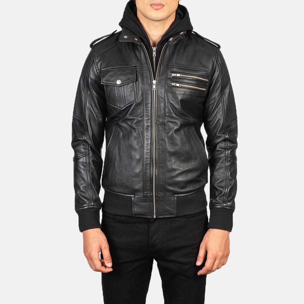 Bravado Black Hooded Leather Bomber Jacket for Men, Classic Zip-Up Moto Jacket, Casual Hooded Outerwear, Modern Streetwear - Image 2