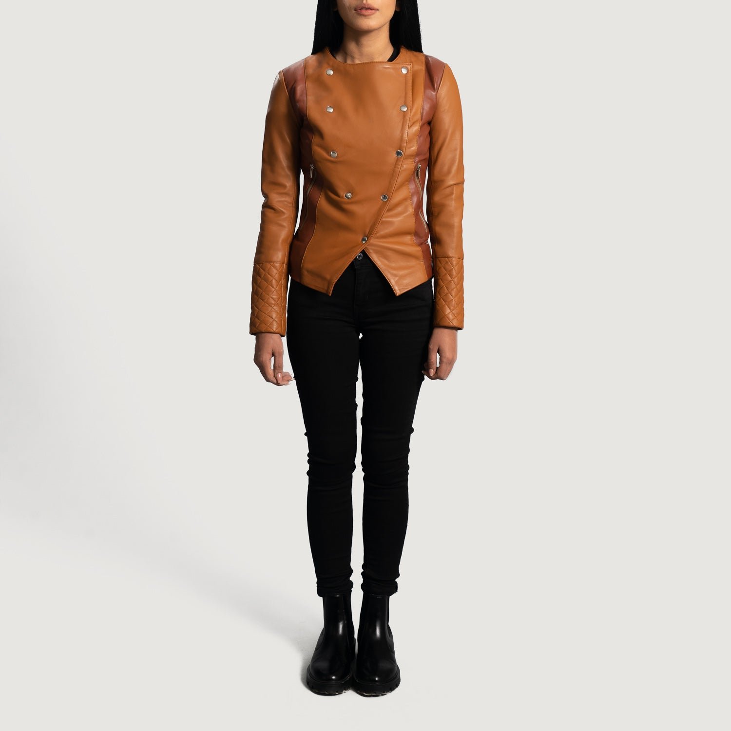 County Tan Overlap Leather Jacket, Stylish Layered Moto Jacket, Classic Modern Outerwear - Image 4