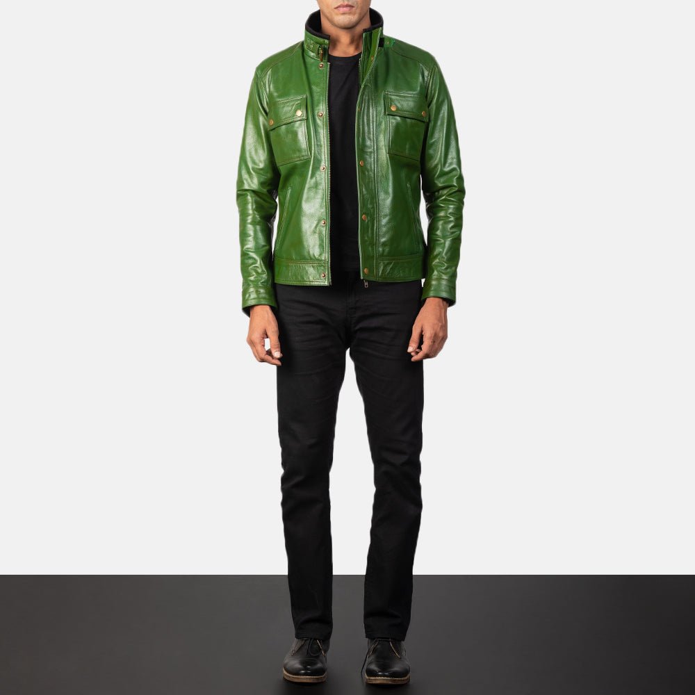 Men's Darren Distressed Green Leather Biker Jacket, Vintage Moto Style - Image 3