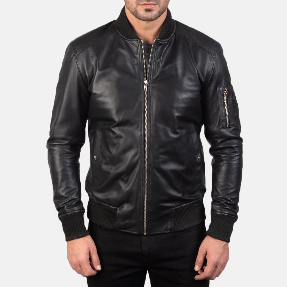 Bomia MA-1 Black Leather Bomber Jacket for Men, Classic Flight Jacket, Vintage Aviator Motorcycle Outerwear - Image 2