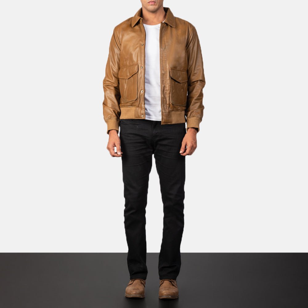 Coffmen Olive Brown A2 Leather Bomber Jacket for Men, Vintage Aviator Flight Jacket, Classic Military Style Outerwear - Image 3