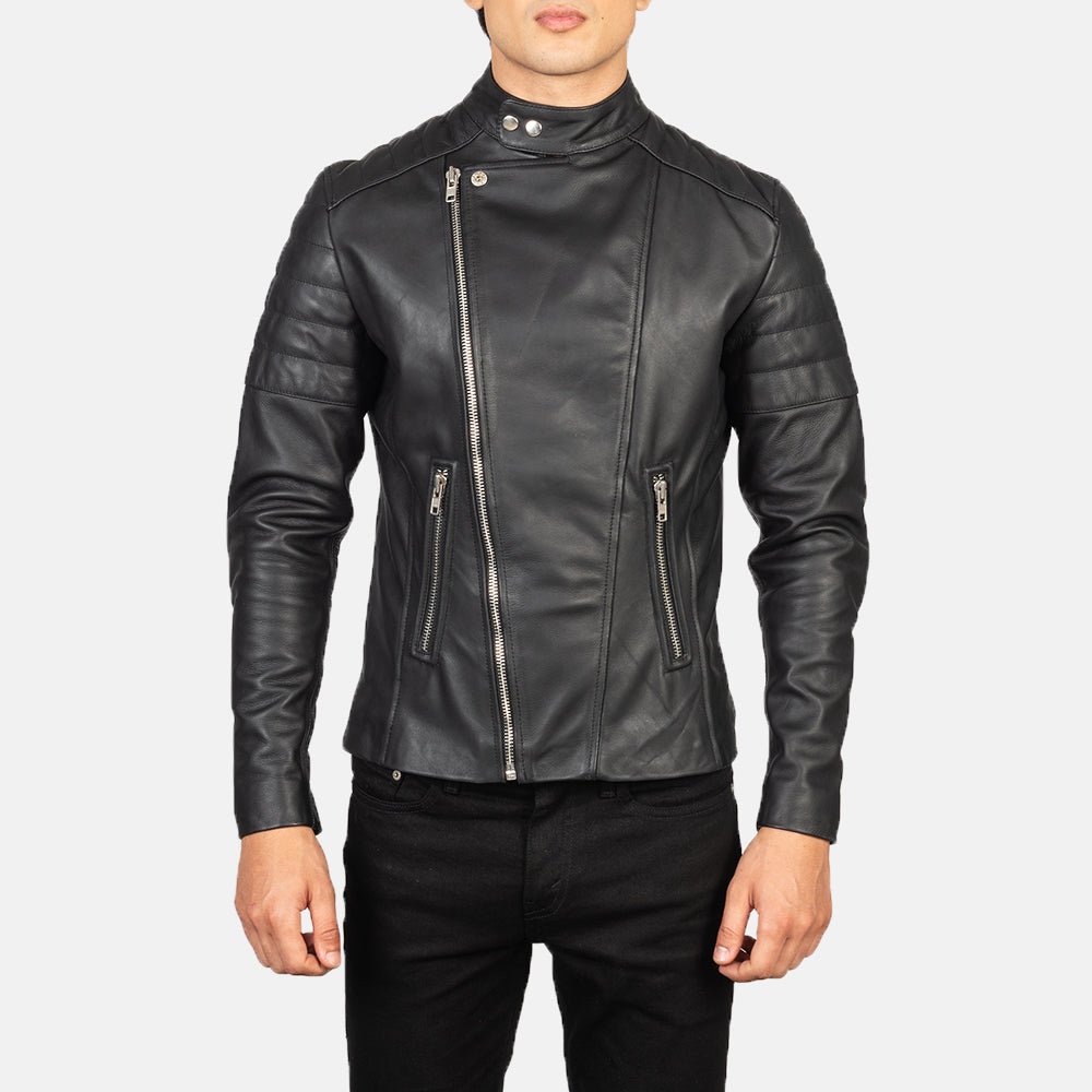 Men's Faisor Black Leather Biker Jacket, Classic Motorcycle Moto Style - Image 2