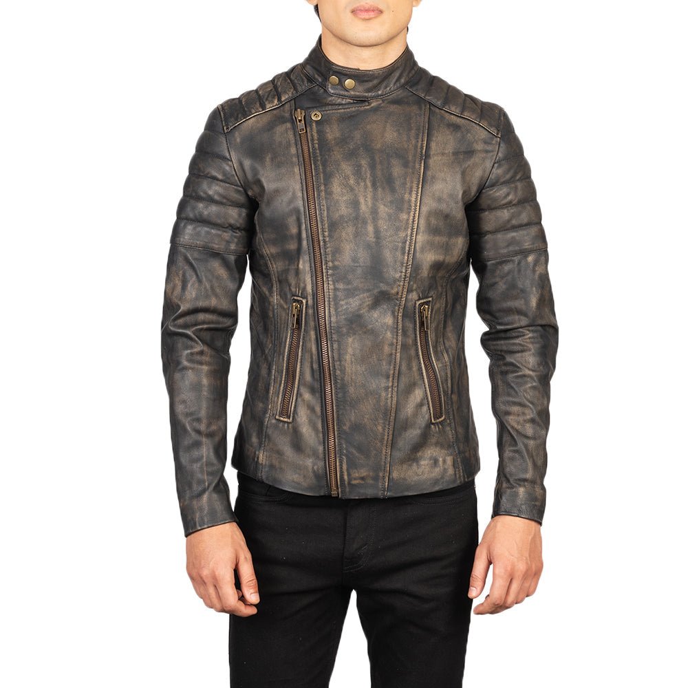 Men's Faisor Distressed Brown Leather Biker Jacket, Vintage Moto Style - Image 5