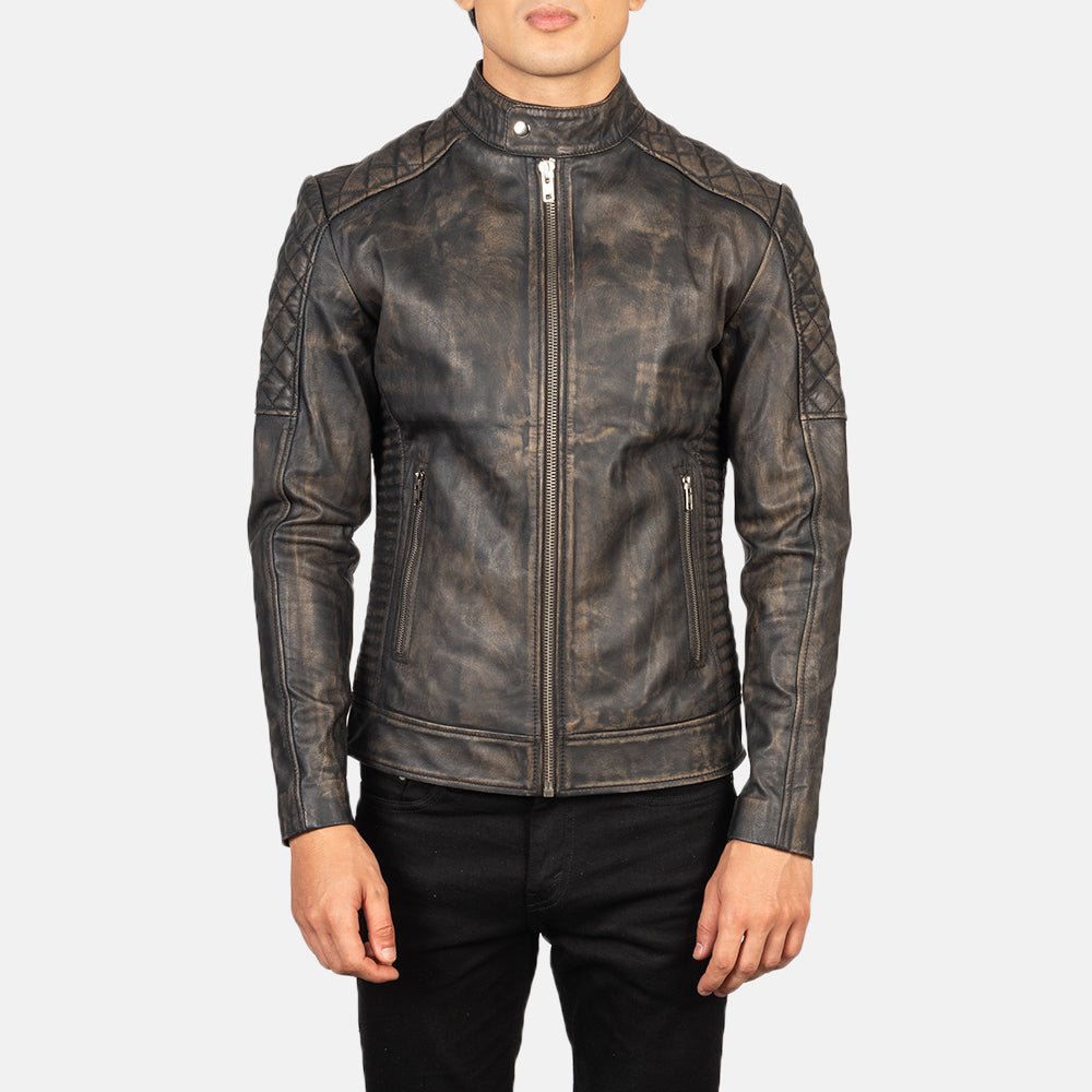 Men's Fernando Quilted Distressed Brown Leather Biker Jacket - Image 3