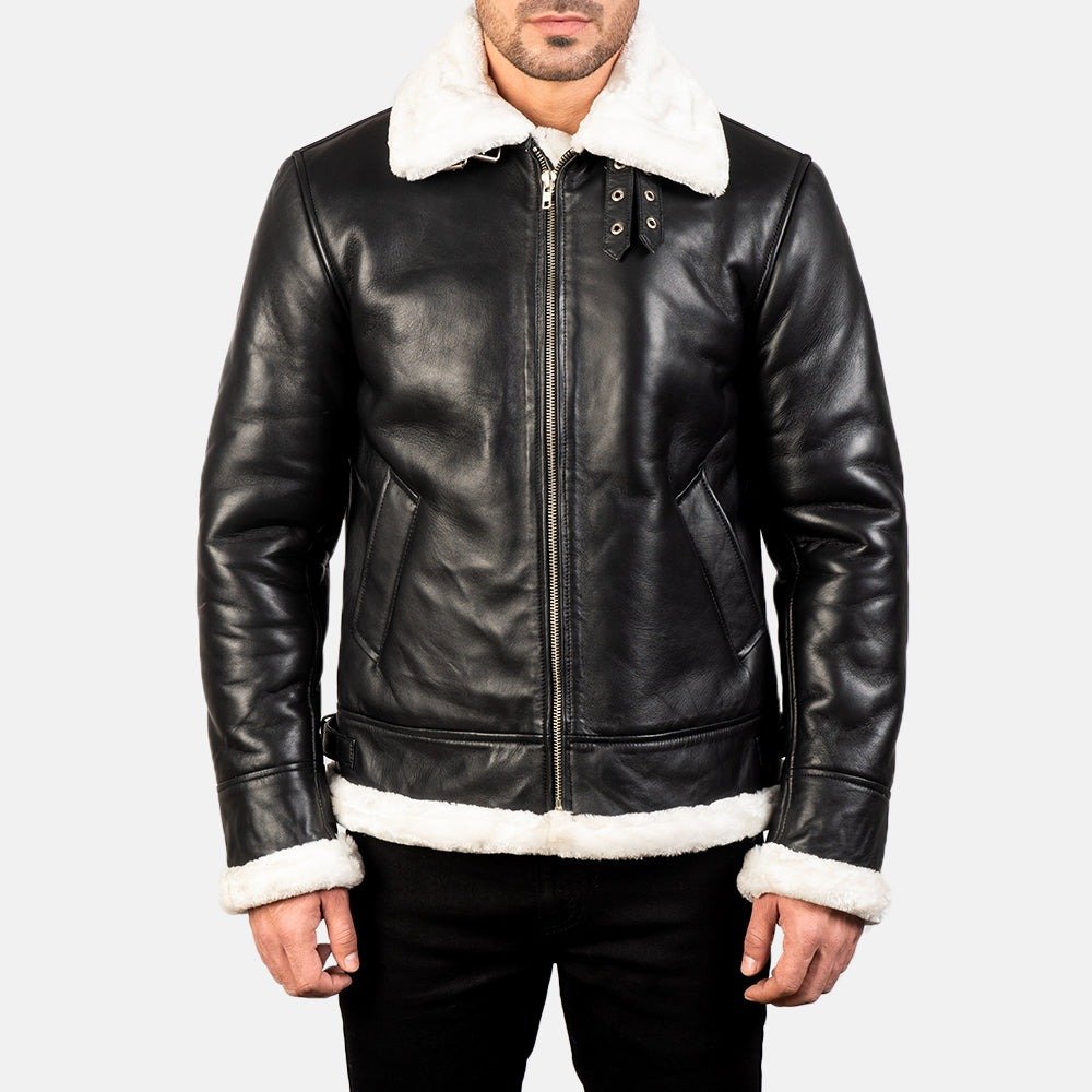 Francis B-3 Black & White Leather Bomber Jacket for Men, Shearling Aviator Flight Jacket, Vintage Winter Outerwear - Image 4
