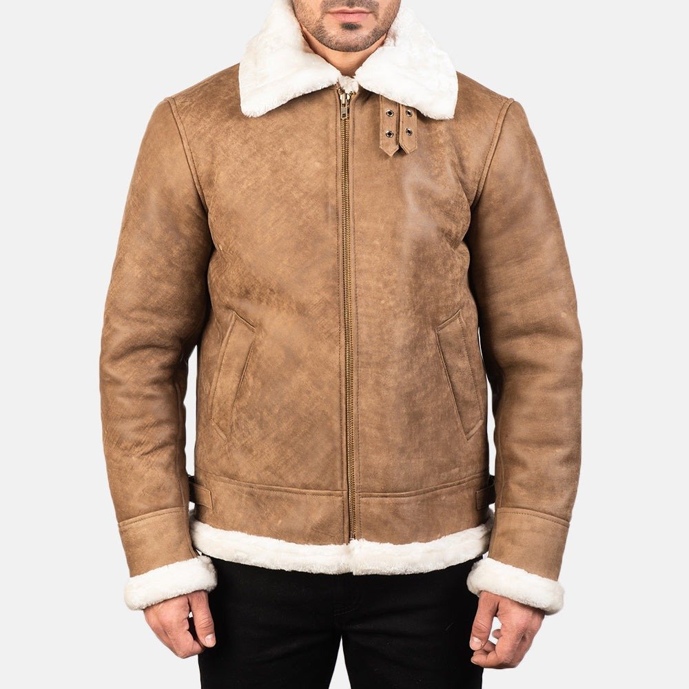 Francis B-3 Distressed Brown Leather Bomber Jacket for Men, Vintage Shearling Aviator Flight Jacket, Winter Outerwear - Image 6