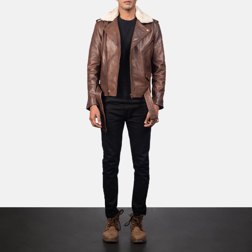 Men's Furton Brown Leather Biker Jacket, Classic Motorcycle Style - Image 4