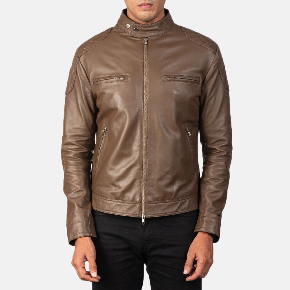 Men's Gatsby Mocha Leather Biker Jacket, Classic Motorcycle Style - Image 6
