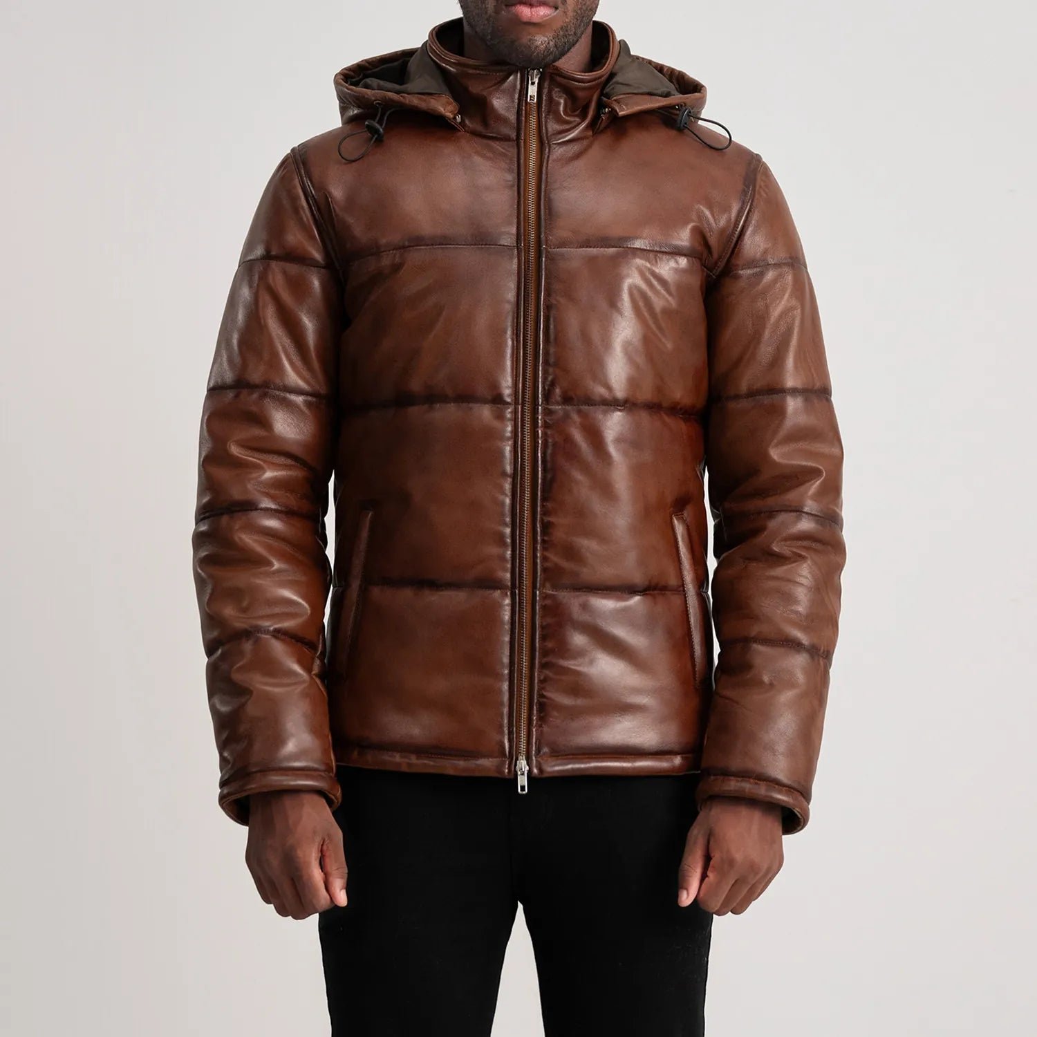 Gordon Waxed Brown Hooded Leather Puffer Jacket for Men, Winter Padded Jacket, Casual Hooded Outerwear, Rugged Streetwear Coat - Image 3