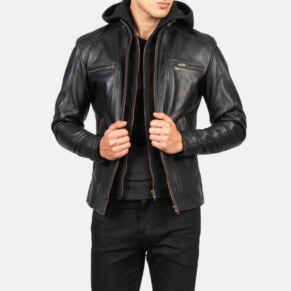 Bravado Black Hooded Leather Bomber Jacket for Men, Classic Zip-Up Moto Jacket, Casual Hooded Outerwear, Modern Streetwear - Image 4