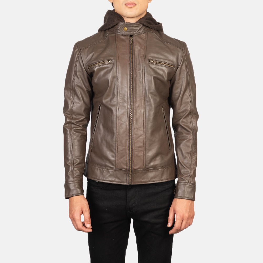 Men's Hector Brown Hooded Leather Biker Jacket, Stylish Moto Outerwear - Image 3
