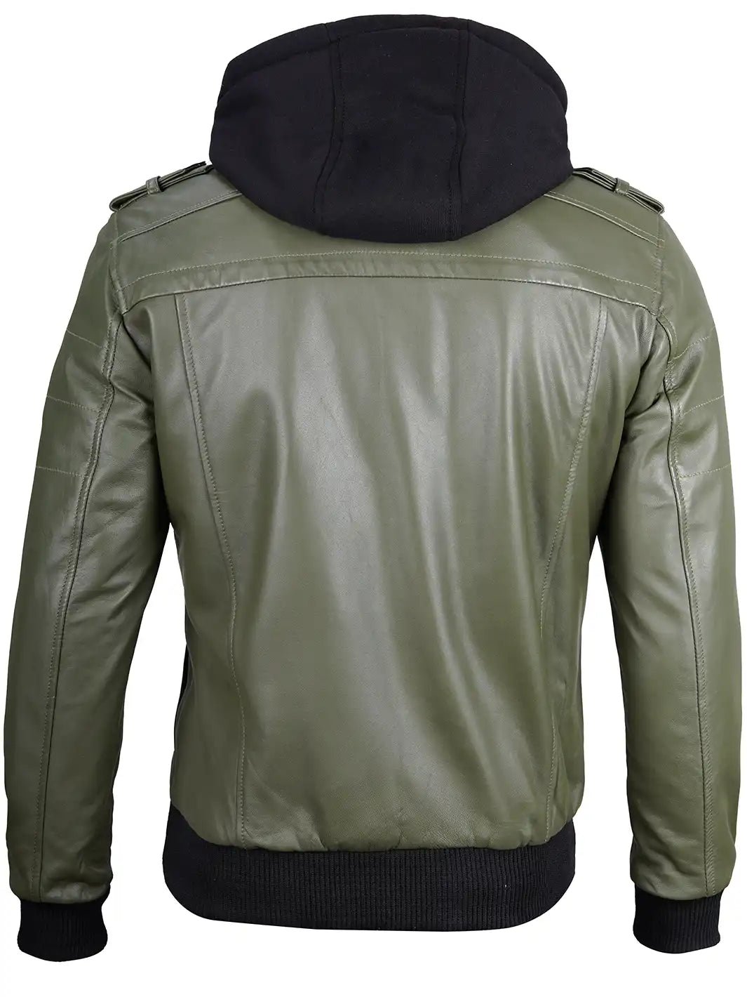 Men's Military Green Leather Jacket with Removable Hood, Stylish Casual Biker Jacket - Image 2