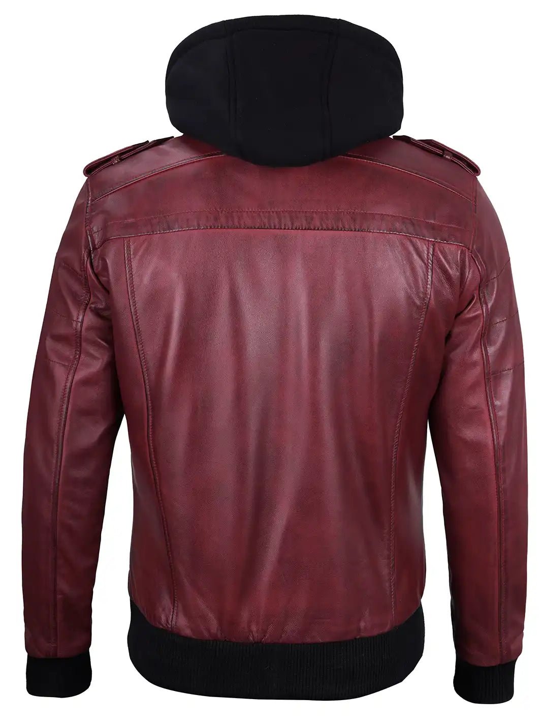 Men's Burgundy Lambskin Bomber Jacket with Removable Hood - Image 2