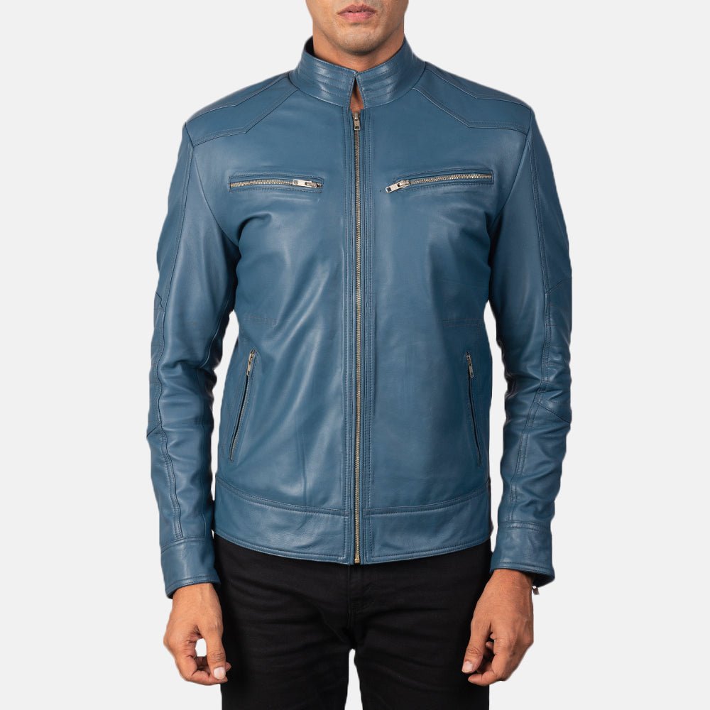 Men's Mack Blue Leather Biker Jacket, Classic Motorcycle Moto Style - Image 4