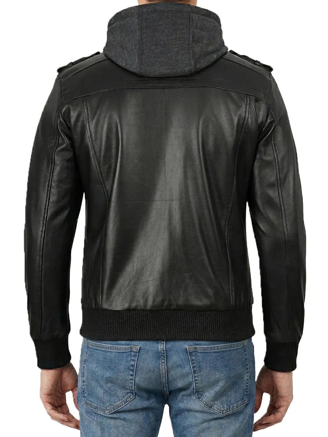 Men's Black Bomber Leather Jacket with Removable Hood, Stylish Casual Biker Outerwear - Image 3