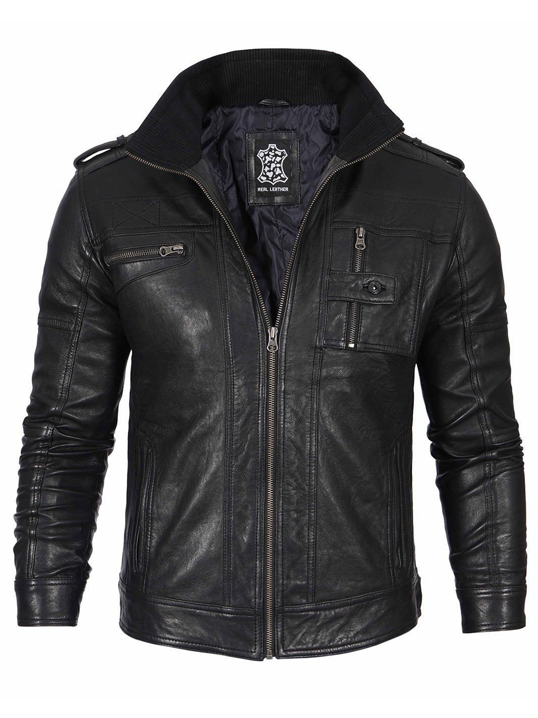 Men's Black Waxed Leather Jacket, Cafe Racer Motorcycle Jacket, Classic Biker Style Outerwear - Image 4