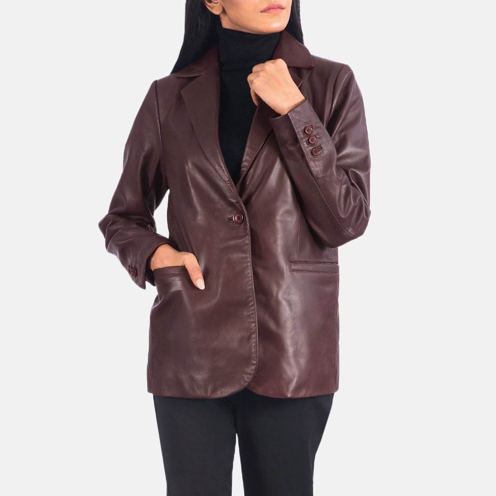 Norma Maroon Leather Blazer for Women, Elegant Tailored Jacket, Stylish Smart Casual Outerwear - Image 5