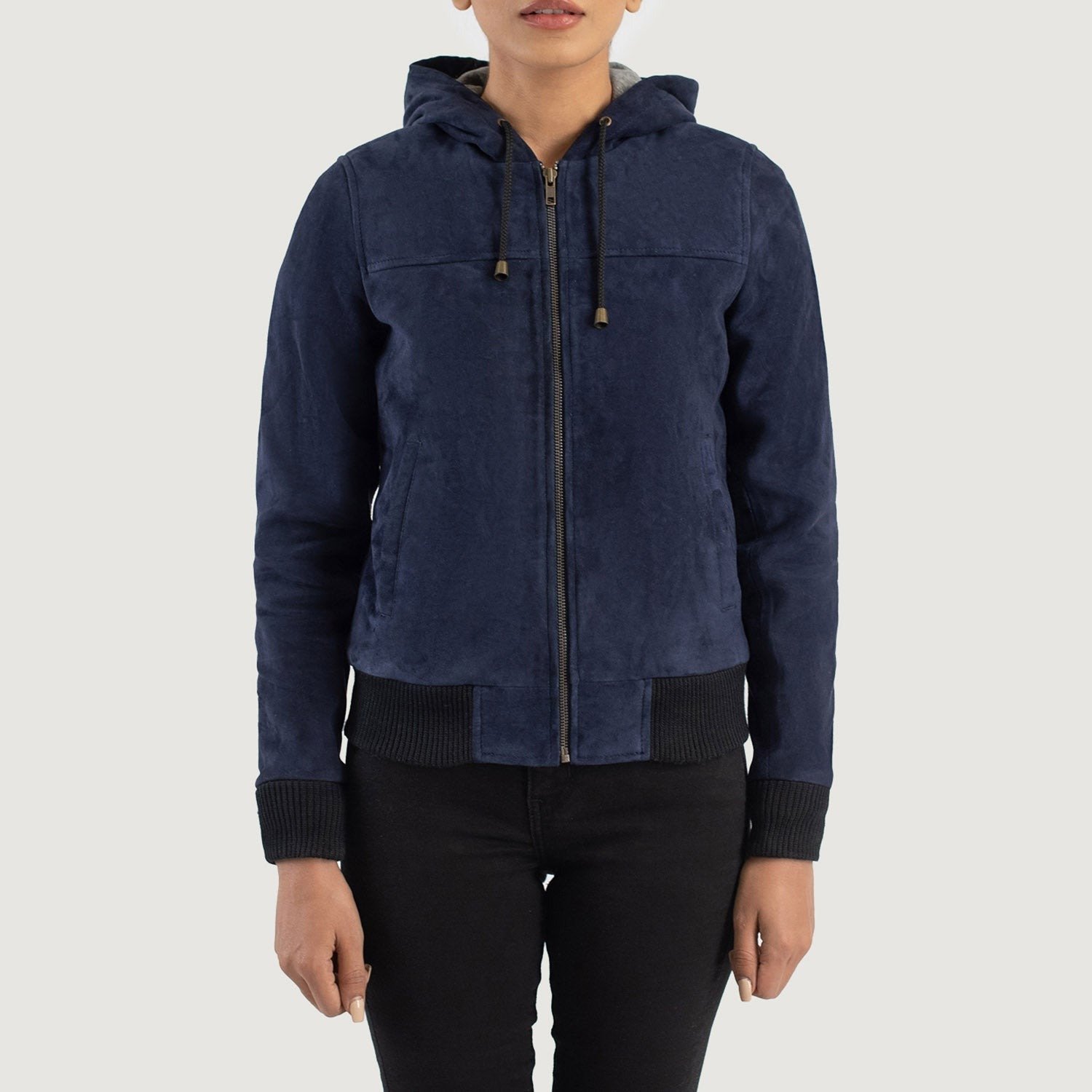 Rebella Blue Hooded Suede Bomber Jacket for Women, Stylish Zip-Up Bomber Coat, Casual Hooded Outerwear, Modern Streetwear Jacket - Image 5