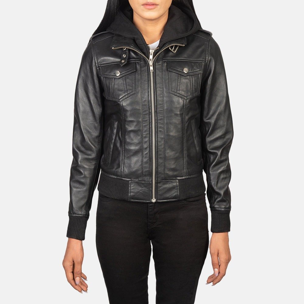 Roslyn Black Hooded Leather Bomber Jacket, Stylish Casual Moto Outerwear, Modern Streetwear - Image 5