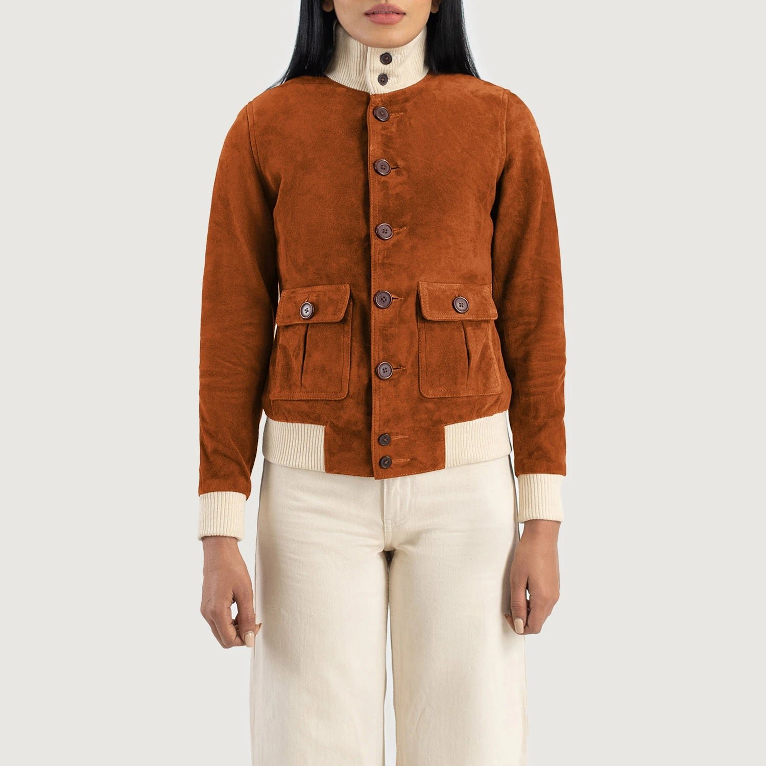 Sasha A1 Brown Suede Bomber Jacket for Women, Classic Aviator Flight Jacket, Stylish Zip-Up Suede Coat, Modern Casual Outerwear - Image 2