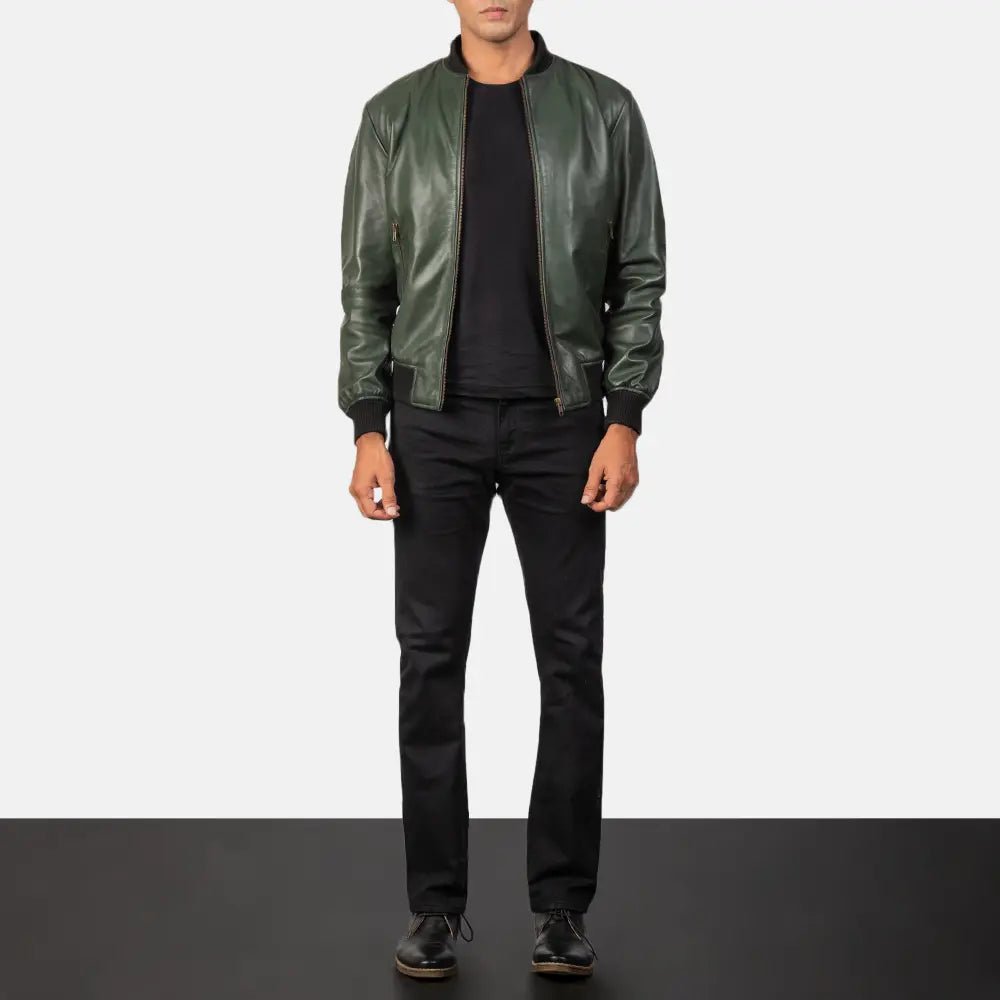 Men's Shane Green Leather Bomber Jacket, Stylish Classic Bomber Outerwear - Image 3