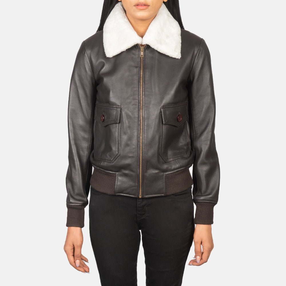 Stella G-1 Brown Leather Bomber Jacket for Women, Classic Aviator Flight Jacket, Vintage Style