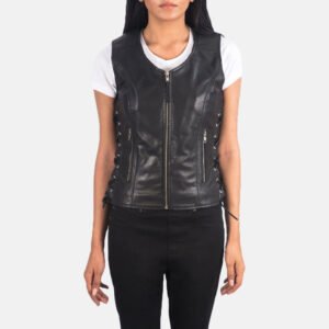 Vanda Black Leather Biker Vest, Classic Motorcycle Waistcoat, Sleeveless Moto Fashion