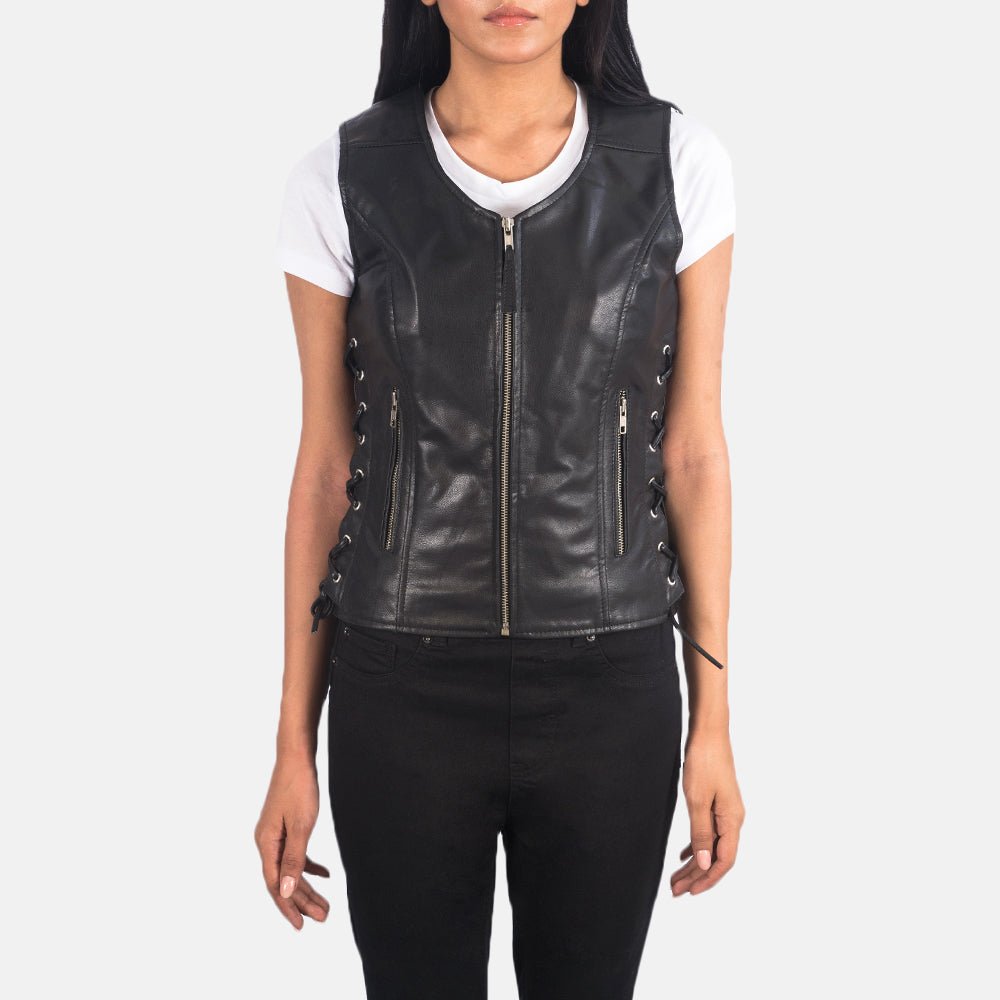 Vanda Black Leather Biker Vest, Classic Motorcycle Waistcoat, Sleeveless Moto Fashion
