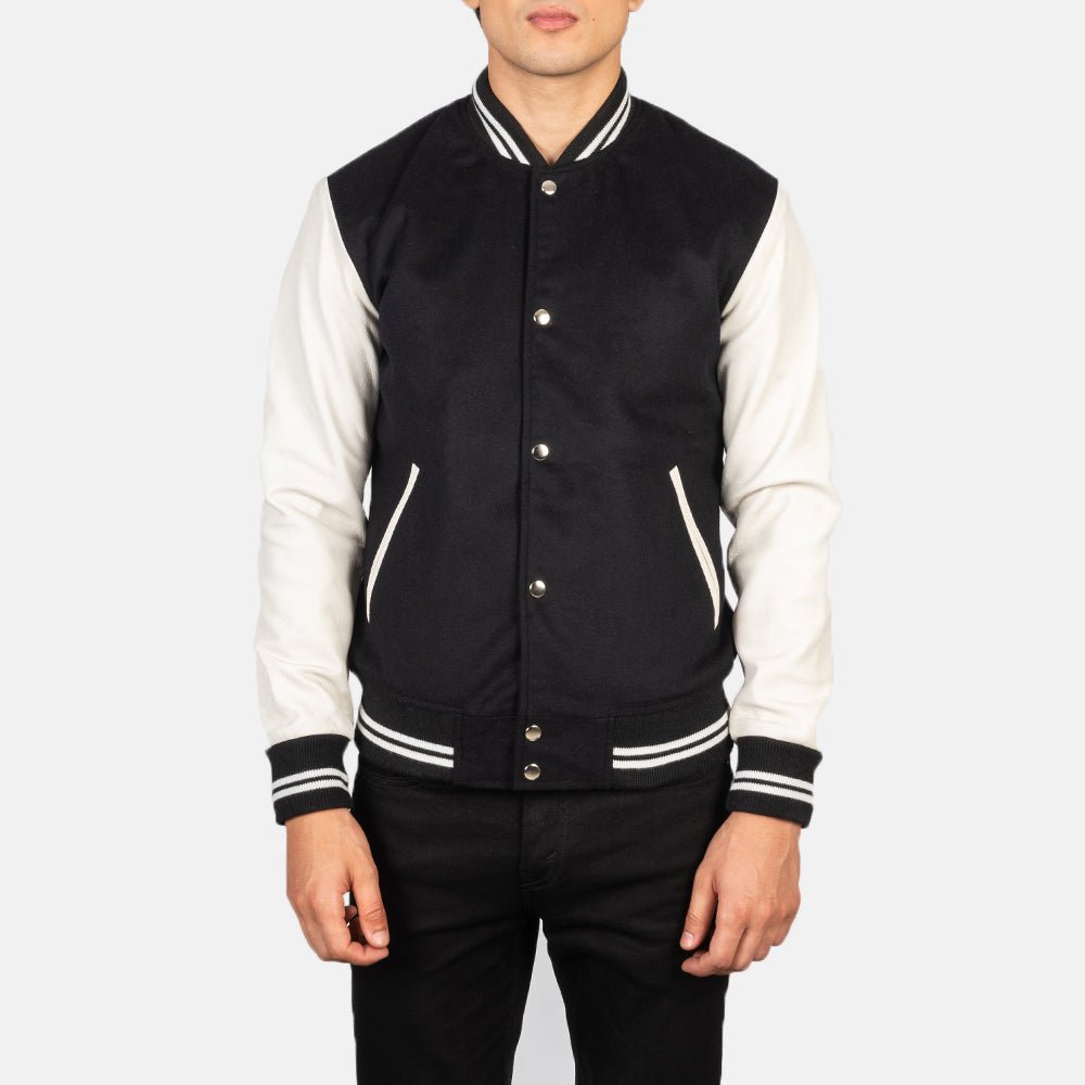 Vaxton Black & White Hybrid Varsity Jacket for Men, Classic Letterman Jacket, Two Tone Bomber Coat, Stylish Streetwear Outerwear - Image 2