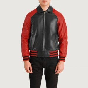 Walton Black & Red Leather Varsity Jacket for Men, Two Tone Letterman Jacket, Leather Bomber Coat, Stylish Streetwear Outerwear