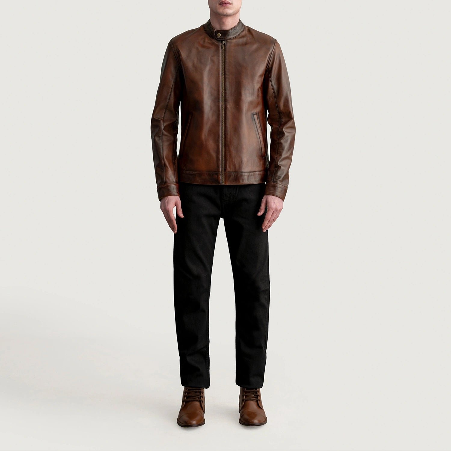 Men's Zen Distressed Brown Leather Biker Jacket, Vintage Moto Style - Image 4