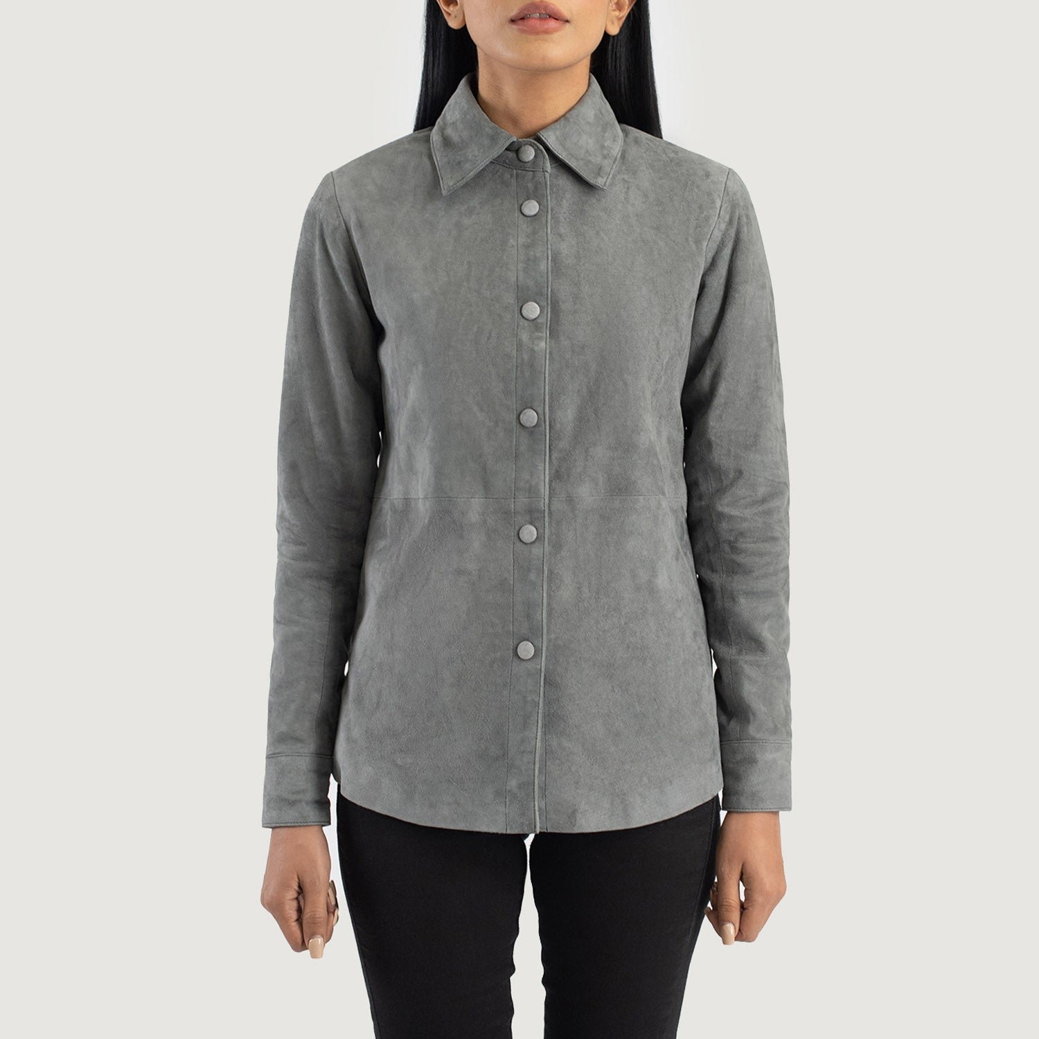 Women's Zenith Grey Suede Shirt Jacket, Stylish Button-Up Leather Overshirt, Modern Casual Shacket, Elegant Everyday Outerwear - Image 2