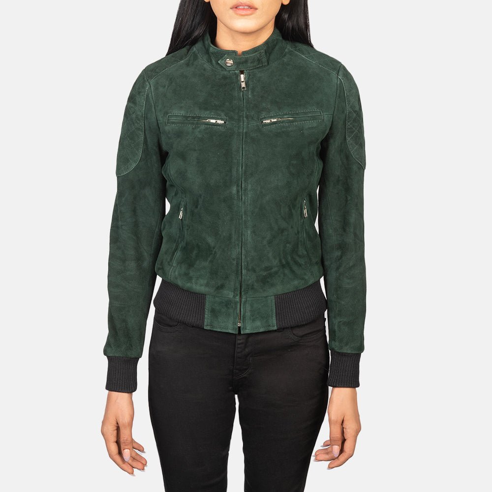 Zenna Green Suede Bomber Jacket for Women, Classic Casual Bomber Coat, Stylish Zip-Up Outerwear, Modern Everyday Streetwear - Image 4